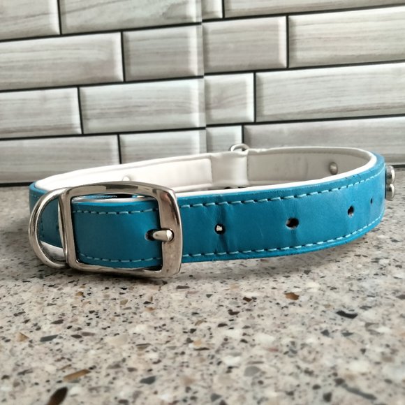 Blue White & Chrome Leather Dog Collar 24" MEDIUM - Picture 4 of 6
